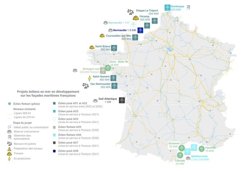 Représentation des projets éoliens en mer en développement sur les façades maritimes françaises à l’horizon 2030
