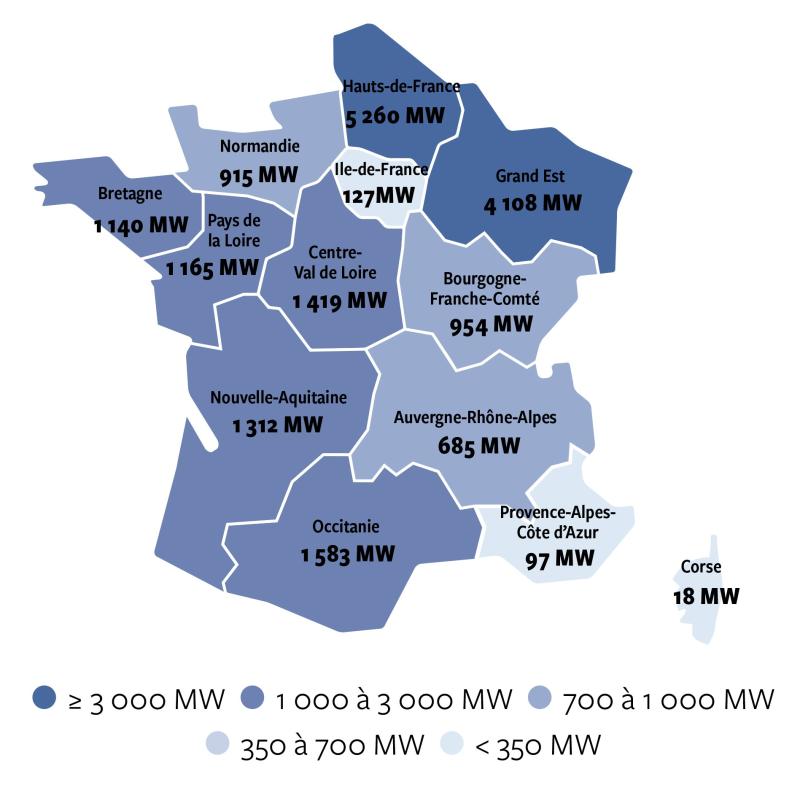 Puissance éolienne terrestre installée par région fin 2021 