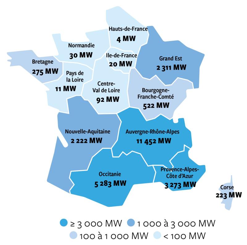 Puissance hydraulique installé par région en France en 2021